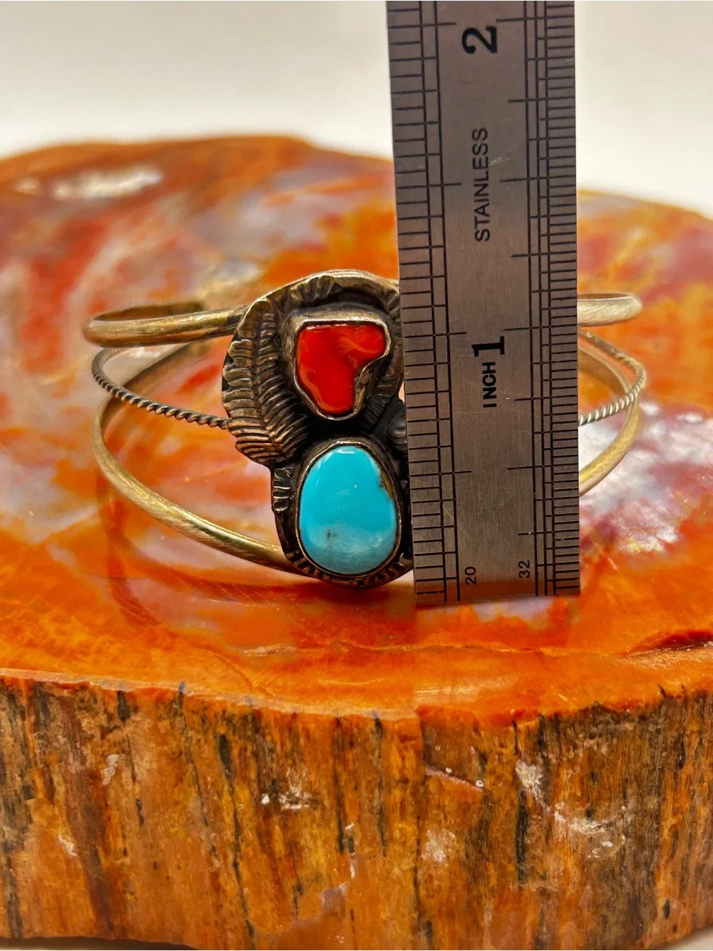 Southwest Sterling Silver Bangle Bracelet / Cuff, turquoise and coral stones